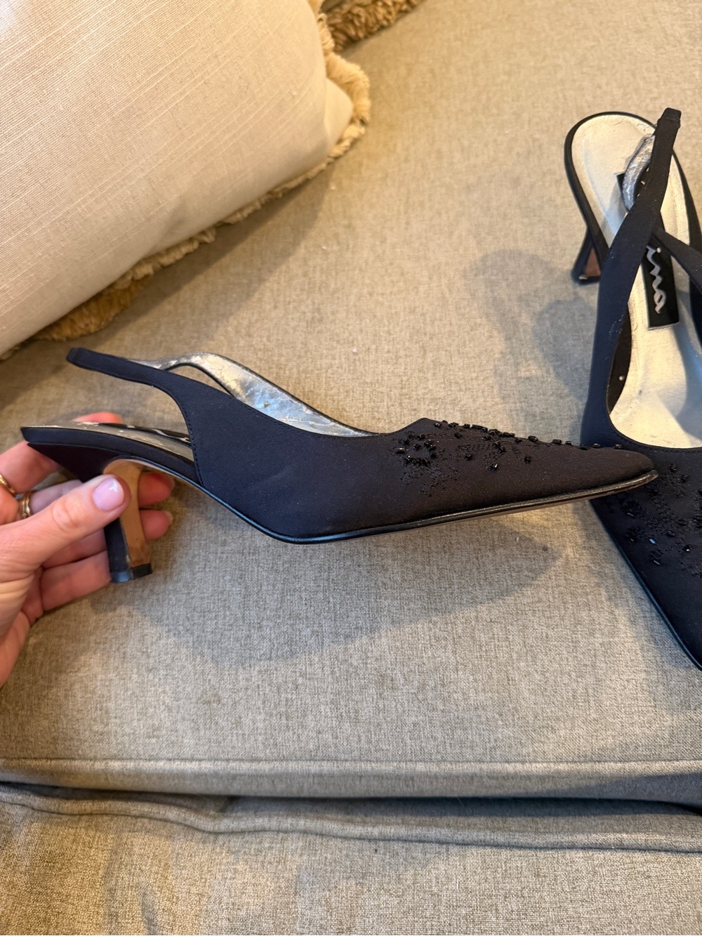 Nina Black Beaded Slingback Pointed Heels